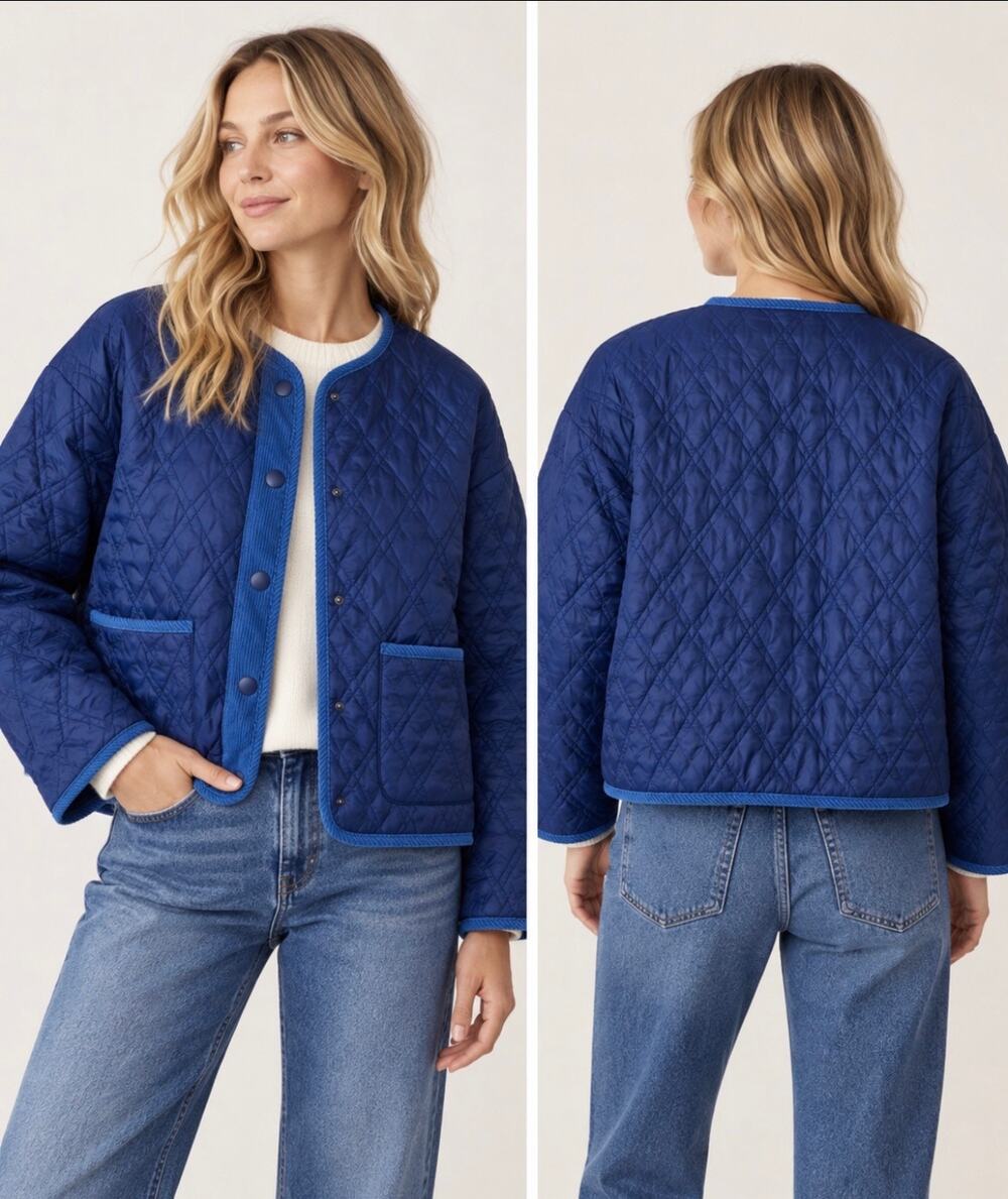 Nordstrom Bernardo Quilted Barn Jacket Corduroy Trim Blue Womens Size Small